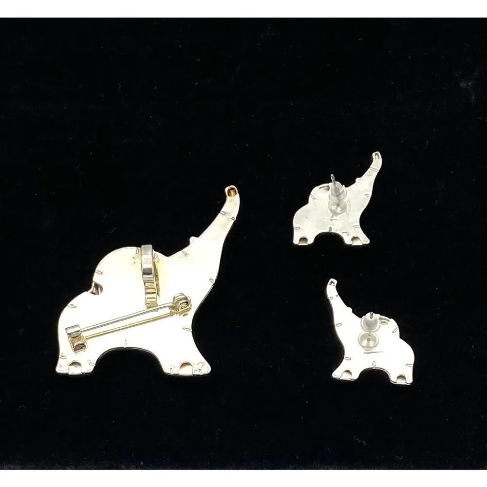 Vintage Elephant Brooch Pendant & Earrings Set Silver Tone